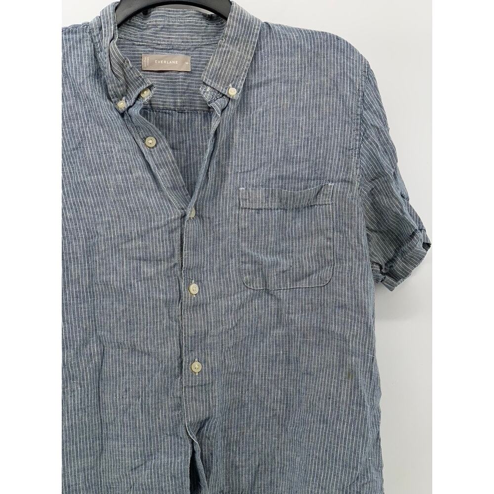 EVERLANE Men's Blue-White Micro Striped Linen Button-Up Short Sleeve Shirt SZ M - Picture 3 of 11